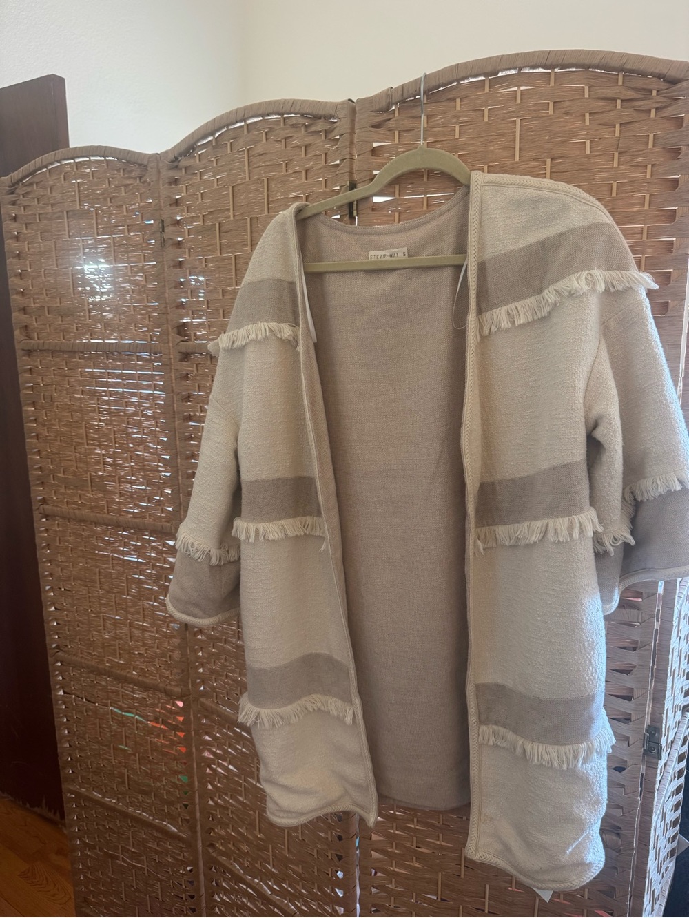 Stevie May Fringe Stripe Open-Front Cardigan - Beige and Taupe